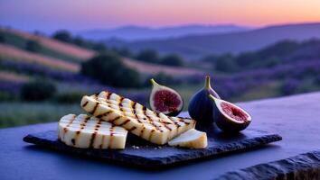 Grilled Cheese Slices and Figs on Slate Platter with Rural Vista photo