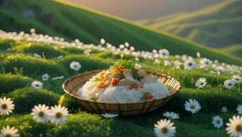Noodle Salad on Wicker Basket in Flower Field at Sunset photo