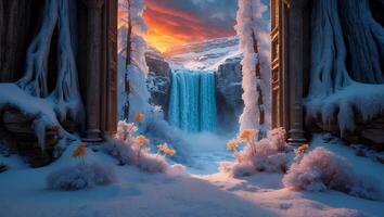 Majestic Waterfall Flows Through a Snow Covered Landscape at Sunset photo
