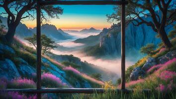 Framed Mountain View at Sunset with Mist and Colorful Flowers photo