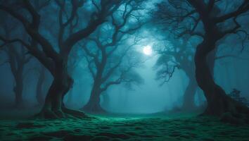 Exploring Eerie Forest at Night with Full Moon and Fog photo
