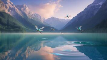 Dragonflies Flying Over Calm Lake with Mountain Reflection Scenery photo