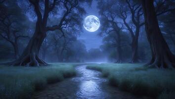 Full Moon Shining Over Forest with Winding Stream at Night photo