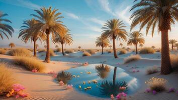 Palm Trees Reflecting in Desert Oasis with Flowers and Sand Dunes photo