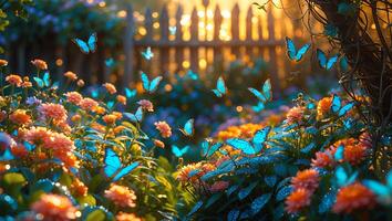 Butterflies Flying in Orange Flower Garden with Bokeh Background photo