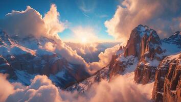 Snow Capped Mountains Peeking Through the Clouds at Sunrise Landscape photo