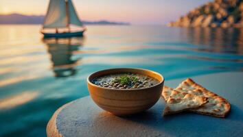 Enjoying Warm Lentil Soup and Flatbread on a Sailboat Adventure photo