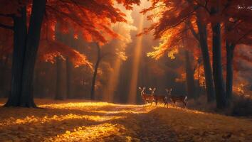 Deer Stand on a Golden Path in Colorful Autumn Forest photo
