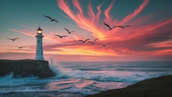 Lighthouse on Cliff at Sunset with Birds and Breaking Waves photo
