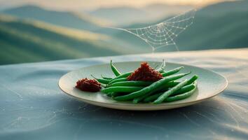 Preparing Green Beans with Red Sauce on a Plate Outside photo