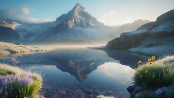 Mountain Peak Reflecting in Lake with Flowers and Morning Mist photo