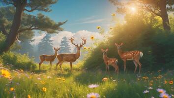 Deer Family Standing in Meadow on Sunny Day with Wildflowers photo