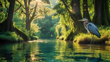 Heron Standing in Forest River Under Sunlight with Tranquil Water photo