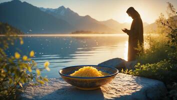 Serving Noodles in Bowl by Lake at Sunrise with Figure photo