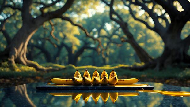 Bananas on Stone Slab Reflecting in Forest Setting Delicious and Natural photo