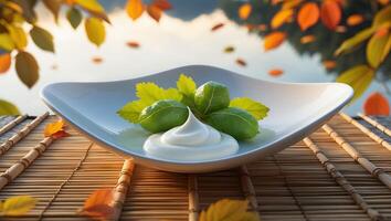 Whipped Cream with Green Leaves on White Plate in Autumn Setting photo