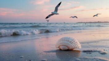 A shell on the beach with seagulls flying over it photo