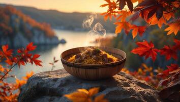 Noodle Dish in Wooden Bowl with Autumn Leaves and Water View photo