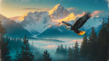 Eagle Flying Over Misty Forest and Snow-capped Mountains at Sunrise photo