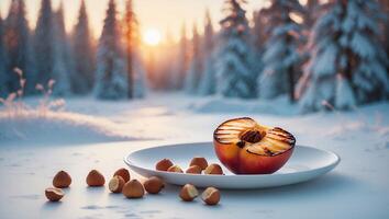 Grilled Peach Half on Plate with Nuts in Snowy Winter Landscape photo