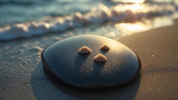 Smooth Stone on Beach Sand with Sunlight and Gentle Ocean Waves photo