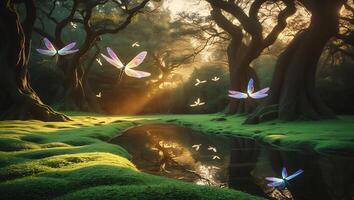 Dragonflies Hovering Over Mossy Forest Stream with Sunlight Reflections photo