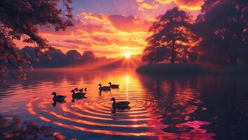 Ducks Swimming on Calm Lake at Sunset Reflecting Colorful Sky photo