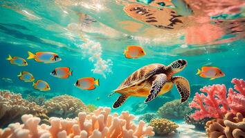 Swimming Sea Turtle with Tropical Fish in a Colorful Coral Reef photo