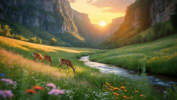 Deer Grazing in Lush Meadow by Stream at Golden Sunset photo