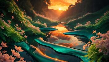River Flowing Through Lush Landscape with Sunset Reflections and Flowers photo