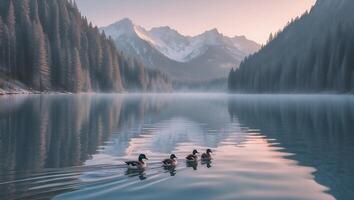 Ducks Swimming on Calm Lake with Mountain and Forest Scenery photo