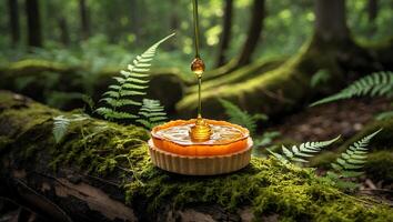 Honey Pouring on Tart in Forest Setting for Natural Treat photo