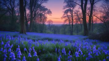 Bluebells Blooming in Forest at Sunset with Colorful Sky Scenery photo