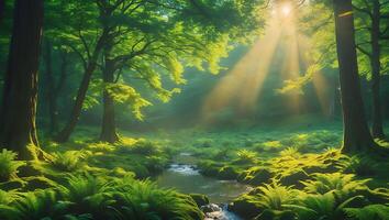 Sunlight Streaming Through Lush Green Forest with Flowing Stream photo
