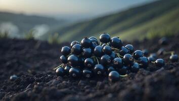Fresh Black Currant Berries Resting on Dark Soil in Sunlight photo