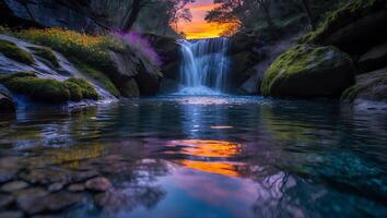 Cascading Waterfall Flows Into Calm Pool Reflecting Vibrant Sunset Colors photo