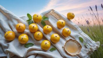 Arrangement of Yellow Fruit with Honey on Rustic Cloth Outdoors photo