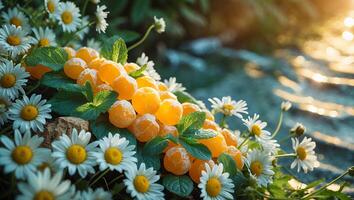 Tangerine Segments with Mint Leaves and Daisy Flowers in Sunlight photo