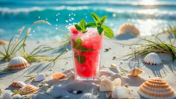 Refreshing Red Drink on Sandy Beach with Seashells and Ocean View photo