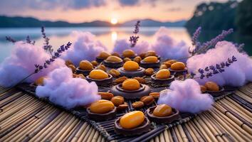 Arrangement of Candied Fruit and Almonds with Lavender on Bamboo Mat photo