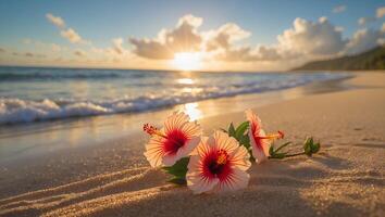 Hibiscus Flowers on Sandy Beach at Sunrise with Ocean Waves photo