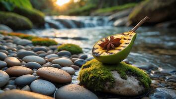 Grilled Pear with Star Anise on Mossy Rock by River photo