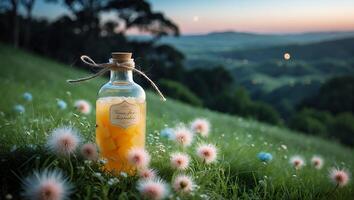 Glass Bottle Containing Fruit Pieces Surrounded by Wildflowers on a Hill photo