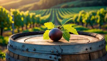 Ripe Plum on Wooden Barrel with Vineyard Background in Warm Sunlight photo