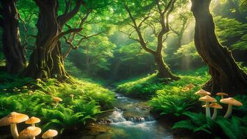 Tranquil Forest Stream with Mushrooms and Ferns in a Lush Green Setting photo