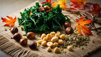 Arrangement of Fresh Kale, Nuts, and Seeds on Jute Fabric photo