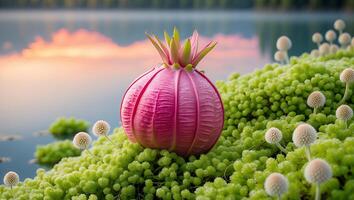 Pink Flower Bud Growing Among Greenery Near Calm Lake Scenery photo