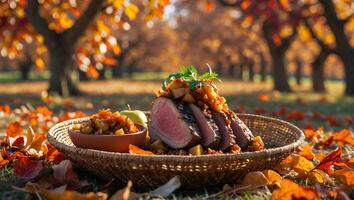 Slices of Grilled Meat with Toppings in Autumnal Outdoor Setting photo