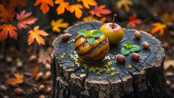 Roasted Apple with Mint and Acorns on a Wooden Stump photo