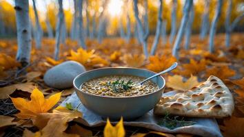 Serving Lentil Soup Outside with Bread in Fall Forest Setting photo